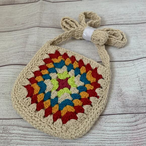 Boho Cream Crossbody Bag with Multi-Colored Pattern Open Top 30"L - Picture 3 of 11